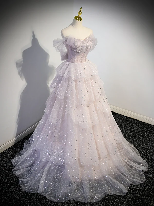 Glitzernden Charmant Lavendel Perlenstickerei Pailletten Fallende Rüsche Ballkleider 2023 A Linie Off Shoulder Ärmellos Rückenfreies Lange Ball Festliche Kleider