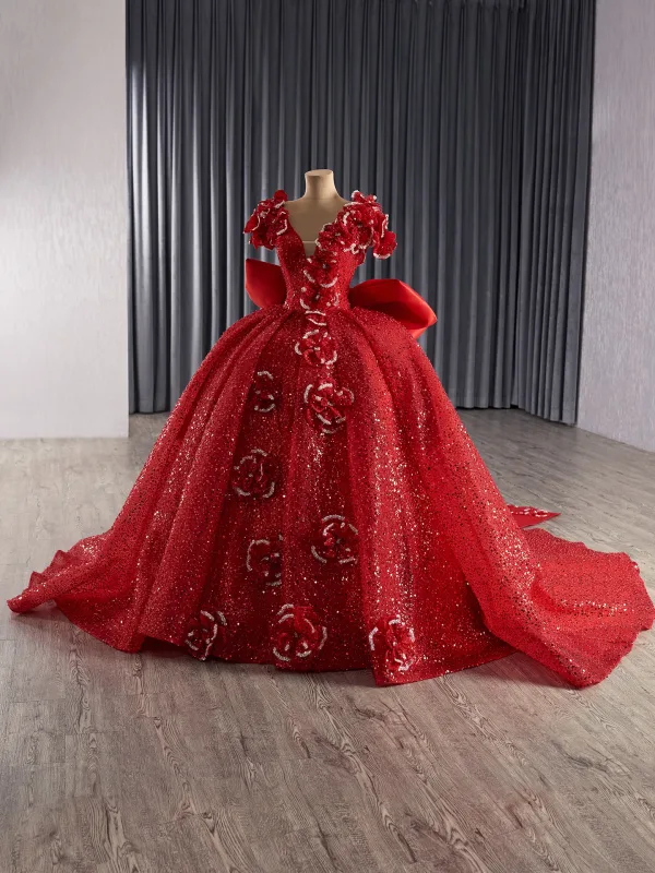 Luxury / Gorgeous Red Handmade Beading Sequins Wedding Dresses 2025 Ball Gown V-Neck Short Sleeve Backless Bow Court Train Wedding