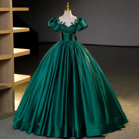 Vintage Verde Oscuro Rebordear Vestidos de gala 2023 Ball Gown Scoop Escote Hinchado Manga Corta Bowknot Largos Satén Gala Vestidos Formales