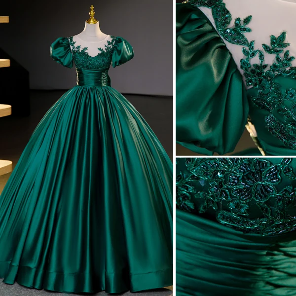 Vintage / Retro Dark Green Beading Prom Dresses 2023 Ball Gown Scoop Neck Puffy Short Sleeve Bow Floor-Length / Long Satin Prom Formal Dresses
