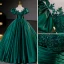 Vintage / Retro Dark Green Beading Prom Dresses 2023 Ball Gown Scoop Neck Puffy Short Sleeve Bow Floor-Length / Long Satin Prom Formal Dresses