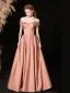 Elegant Nude Satin Prom Dresses 2025 A-Line / Princess Off-The-Shoulder Sleeveless Backless Floor-Length / Long Prom Formal Dresses