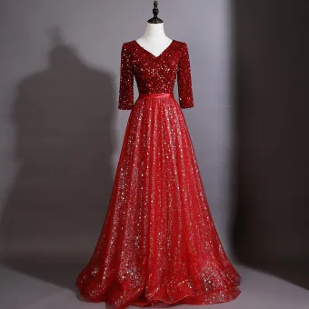 Dazzling Burgundy Sequins Prom Dresses 2026 A Line Princess V Neck 3 4 Sleeve Tulle