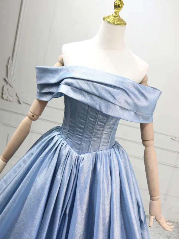 Modest / Simple Sky Blue Prom Dresses 2025 Ball Gown Off-The-Shoulder Short Sleeve Backless Floor-Length / Long Prom Formal Dresses