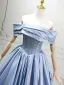 Modest / Simple Sky Blue Prom Dresses 2025 Ball Gown Off-The-Shoulder Short Sleeve Backless Floor-Length / Long Prom Formal Dresses