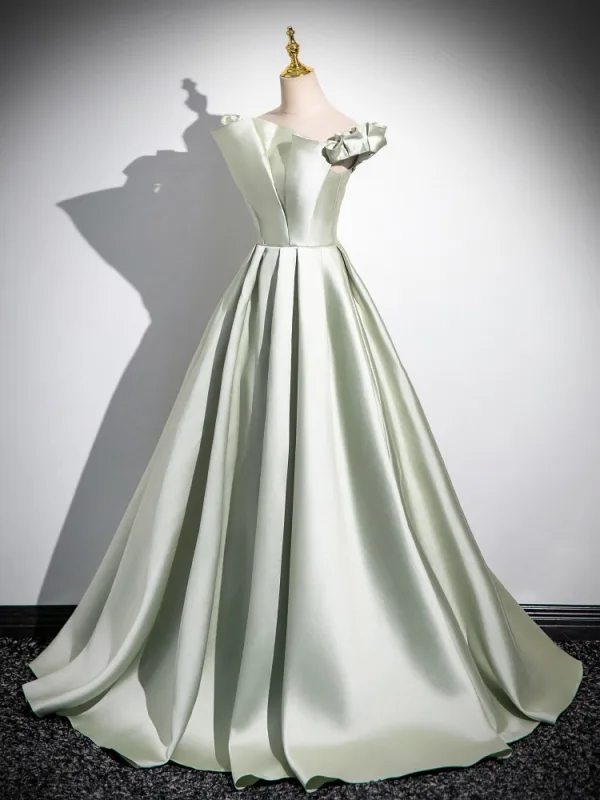Modest / Simple Sage Green A-Line / Princess Prom Dresses 2024 Off-The-Shoulder Sleeveless Backless Sweep Train Prom Formal Dresses