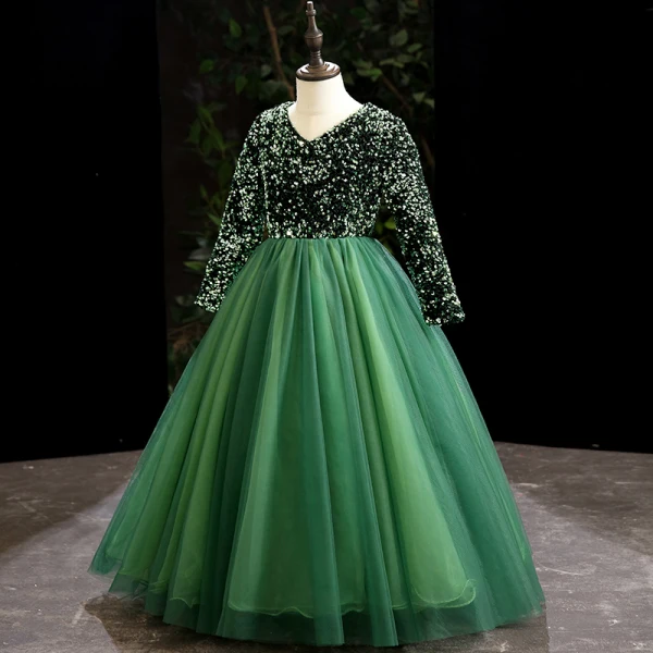 Vintage / Retro Green Sequins Birthday Flower Girl Dresses 2024 Ball Gown V-Neck Long Sleeve Floor-Length / Long
