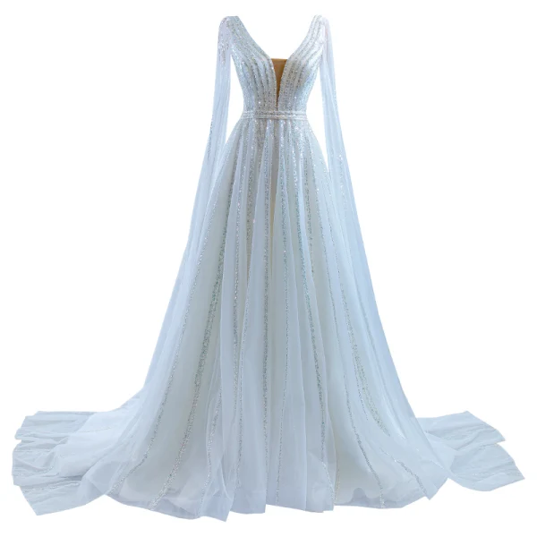 Haut de Gamme Charmant Blanche Perlage Paillettes Robe De Mariée 2022 Princesse V-Cou Manches Longues Dos Nu Train De Balayage Mariage