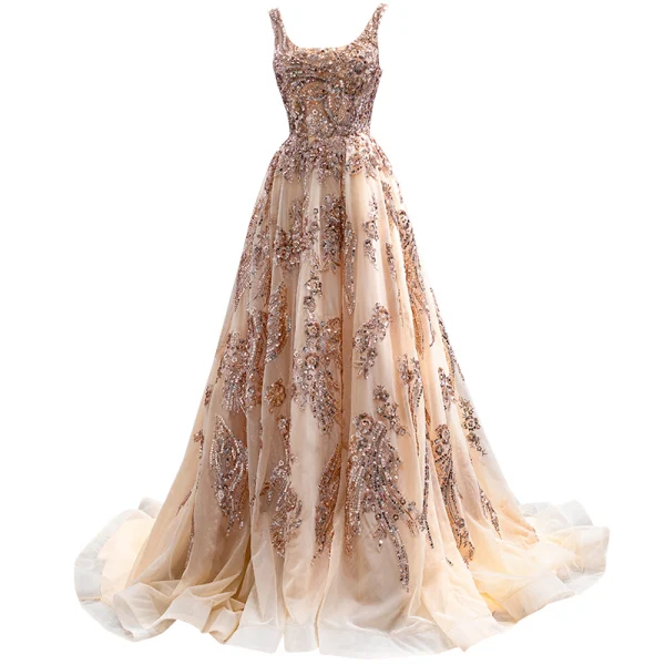 Scintillantes Doré Fait main Perlage Paillettes Robe De Soirée 2022 Princesse U-Cou Sans Manches Dos Nu Train De Balayage Promo Robe De Ceremonie