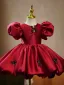 Chic / Beautiful Burgundy Satin Bow Short Birthday Flower Girl Dresses 2023 Ball Gown Scoop Neck Puffy Short Sleeve