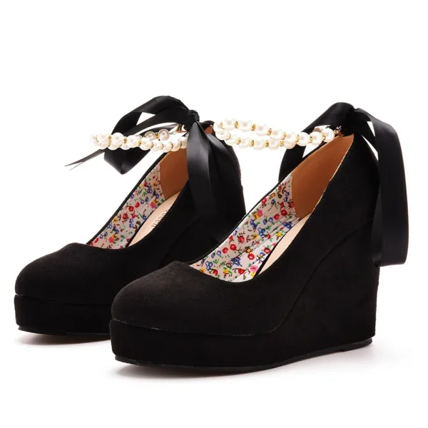Roman Red Pearl Ankle Strap Bow Prom Womens Shoes 2025 10 cm Wedges Round Toe Womens Shoes