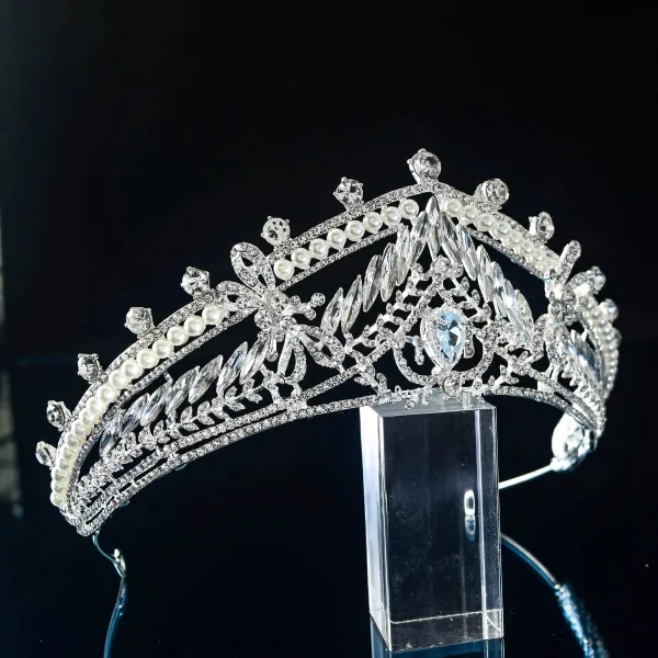 Vintage Srebrny Perła Rhinestone Kryształ Ślub Tiara Ozdoby Do Włosów Ślubne 2022 Cyrkon Stop Ozdoby Do Włosów Ślubne