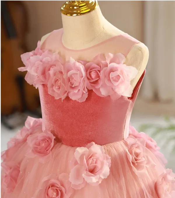 Elegant Blushing Pink Appliques Flower Girl Dresses 2024 Ball Gown Scoop Neck Flower Girl Dresses Backless Floor-Length / Long Birthday Sleeveless