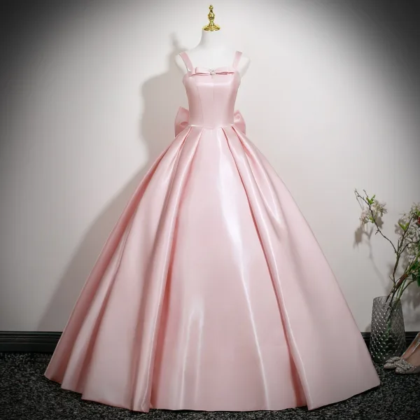 Schön Rosa Satin Ballkleider 2025 Ballkleid Eckiger Ausschnitt Ärmellos Rückenfreies Schleife Lange Festliche Kleider