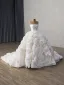 High-end Luxury / Gorgeous White Beading Pearl Rhinestone Ruffle Flower Wedding Dresses 2025 Ball Gown Strapless Sleeveless Backless Chapel Train
