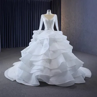 Luxe Charmant Witte Kralen Pailletten Cascading Ruches Trouwjurken 2023 Baljurk Ronde Hals Lange Mouwen Ruglooze Chapel Train Huwelijk