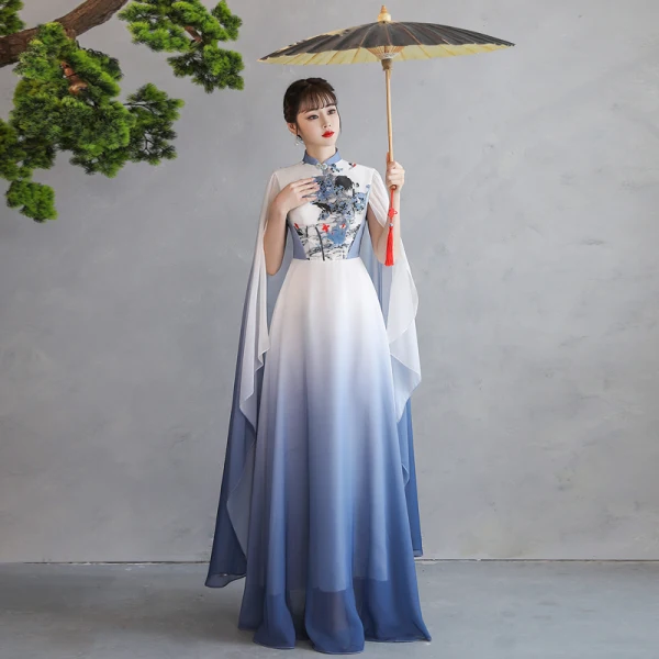 Vintage / Retro Chinese style Gradient-Color Ocean Blue Prom Dresses 2023 A-Line / Princess High Neck Short Sleeve Appliques Floor-Length / Long Prom Formal Dresses