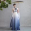 Vintage / Retro Chinese style Gradient-Color Ocean Blue Prom Dresses 2023 A-Line / Princess High Neck Short Sleeve Appliques Floor-Length / Long Prom Formal Dresses