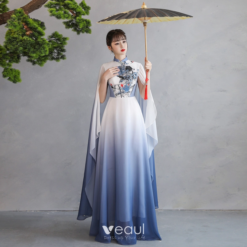 Vintage Retro Chinese style Gradient Color Ocean Blue Prom Dresses 2023 A Line Princess High Neck Short Sleeve Appliques Floor Length Long Prom Formal Dresses