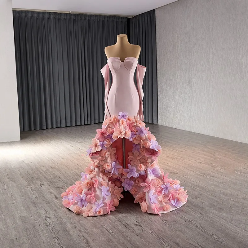 High End Flower Fairy Blushing Pink Appliques Asymmetrical Prom Dresses 2024 Trumpet Mermaid Strapless Long Sleeve Backless Prom Formal Dresses High End Flower Fairy Blushing Pink Appliques Asymmetrical Prom Dresses 2024 Trumpet Mermaid Strapless Long Sleeve Backless Prom Formal Dresses