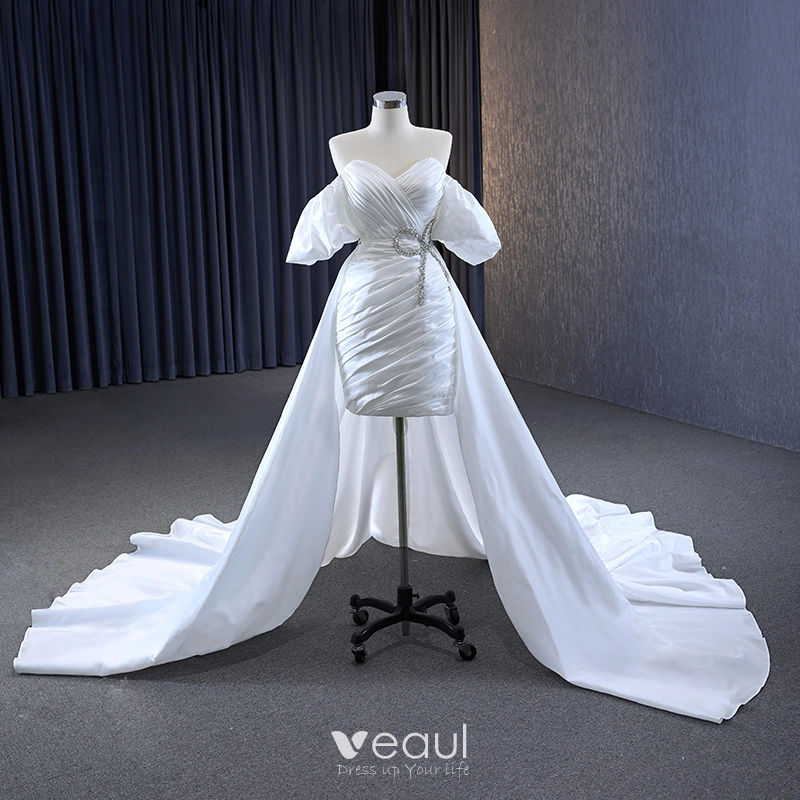 Sexy High-end White Evening Dresses 2023 A-Line / Princess Off-The-Shoulder  Short Sleeve Rhinestone Bow Backless Court Train Evening Party Formal  Dresses