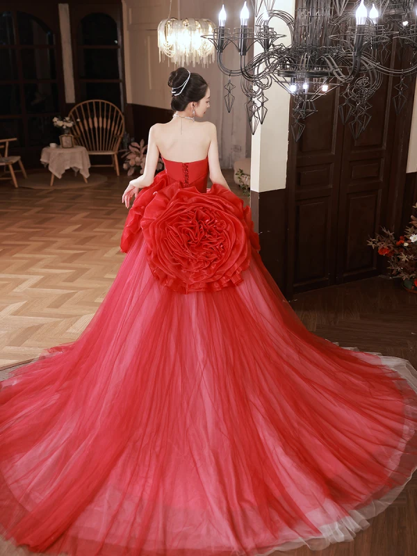 Amazing / Unique Red Flower Prom Dresses 2023 Ball Gown Strapless Sleeveless Backless Court Train Prom Formal Dresses