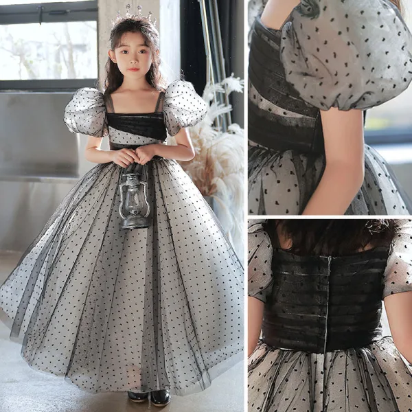Fashion Black Spotted Evening Party Flower Girl Dresses 2022 A-Line / Princess Square Neckline Puffy Short Sleeve Floor-Length / Long Flower Girl Dresses
