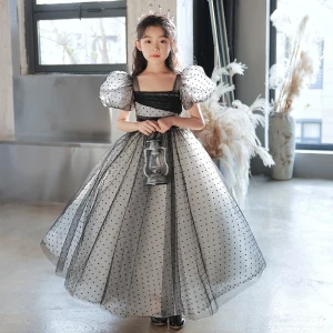 Mode Noire Tachetée Soirée Robe Ceremonie Fille 2022 Princesse Encolure Carrée Gonflée Manches Courtes Longue Robe Ceremonie Fille