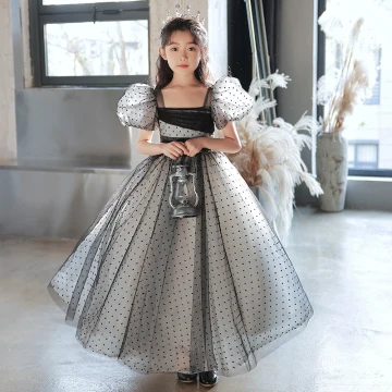 Fashion Black Spotted Evening Party Flower Girl Dresses 2022 A Line Princess Square Neckline Puffy Short Sleeve Floor Length Long Flower Girl Dresses