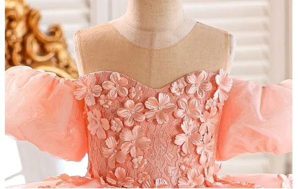 Chic / Belle Rougissant Rose Volants en Cascade Perle Appliques Anniversaire Robe Ceremonie Fille 2025 Robe Boule Encolure Dégagée Manches Courtes Dos Nu Tribunal Train Tulle