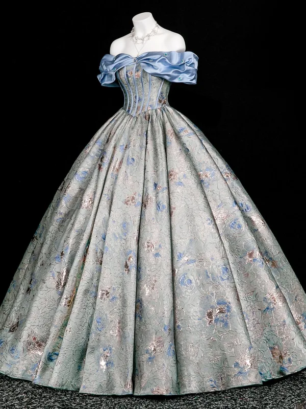 Vintage / Retro Pool Blue Rhinestone Printing Prom Dresses 2025 Ball Gown Off-The-Shoulder Short Sleeve Backless Floor-Length / Long Formal Dresses