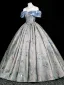 Vintage / Retro Pool Blue Rhinestone Printing Prom Dresses 2025 Ball Gown Off-The-Shoulder Short Sleeve Backless Floor-Length / Long Formal Dresses