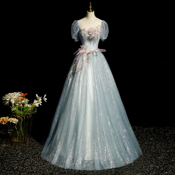 Elegant Grey Beading Pearl Lace Flower Prom Dresses 2023 Ball Gown Scoop Neck Tassel Short Sleeve Backless Floor-Length / Long Prom Formal Dresses