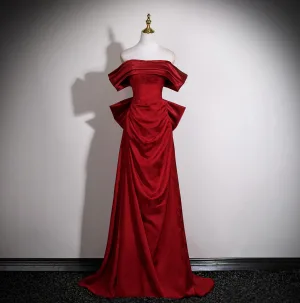Élégant Bordeaux Satin Robe De Bal 2025 Princesse De L Épaule Manches Courtes Dos Nu Noeud Train De Balayage Robe De Ceremonie