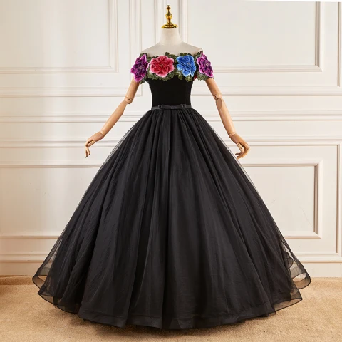 Ethnic Black Lace Flower Prom Dresses 2023 Ball Gown Off-The-Shoulder Short Sleeve Backless Bow Sash Floor-Length / Long Prom Formal Dresses