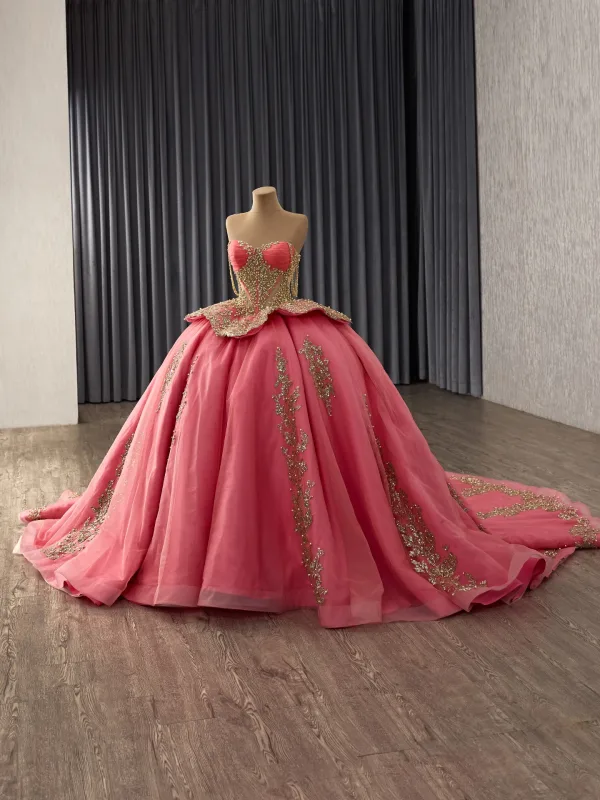 High End Wassermelone Perlenstickerei Perle Pailletten Ballkleider 2025 Ballkleid Bandeau Ärmellos Rückenfreies Kapelle-Schleppe Ball Festliche Kleider