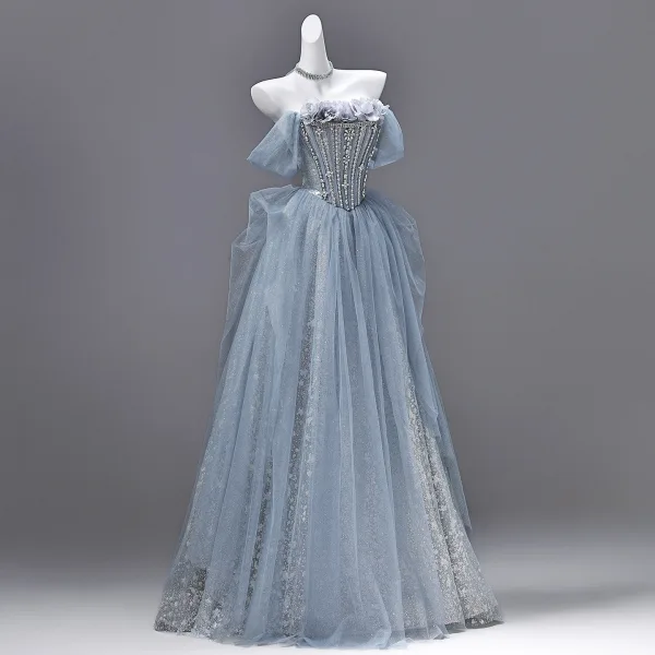 Bling Bling Himmelblau Strass Pailletten Applikationen Ballkleider 2026 A Linie Off Shoulder Kurze Ärmel Rückenfreies Lange Festliche Kleider