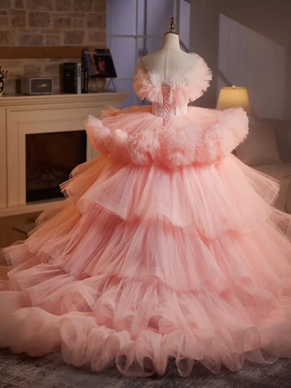 Charmant Perle Rose Volants en Cascade Perlage Paillettes Volants Robe De Bal 2025 Robe Boule Bustier Sans Manches Dos Nu Train De Balayage Tulle Promo Robe De Ceremonie