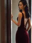 Sexy Burgundy Velvet Evening Dresses 2025 Trumpet / Mermaid V-Neck Sleeveless Backless Floor-Length / Long Evening Party Formal Dresses