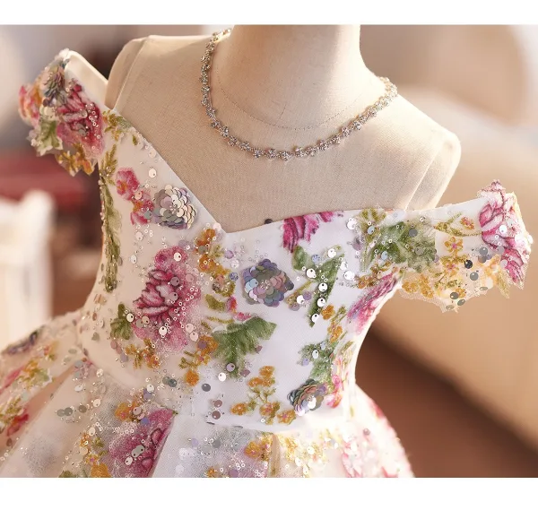 Flower Fairy Multi-Colors Sequins Lace Flower Birthday Flower Girl Dresses 2025 Ball Gown Off-The-Shoulder Sleeveless Backless Floor-Length / Long Tulle