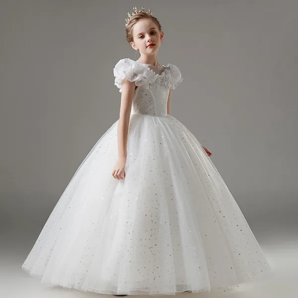 Chic / Belle Blanche Étoile Paillettes Papillon Brodé Mariage Robe Ceremonie Fille 2025 Robe Boule Encolure Dégagée Manches Courtes Longue Robe Ceremonie Fille