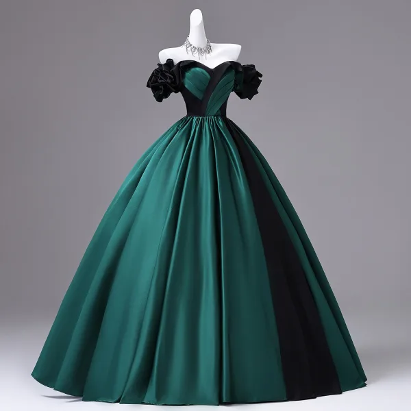 Vintage Dunkelgrün Ballkleider 2026 Ballkleid Off Shoulder Geschwollenes Kurze Ärmel Rückenfreies Lange Festliche Kleider