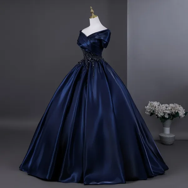 Vintage / Retro Navy Blue Beading Sequins Prom Dresses 2025 Ball Gown Off-The-Shoulder Short Sleeve Backless Floor-Length / Long Formal Dresses