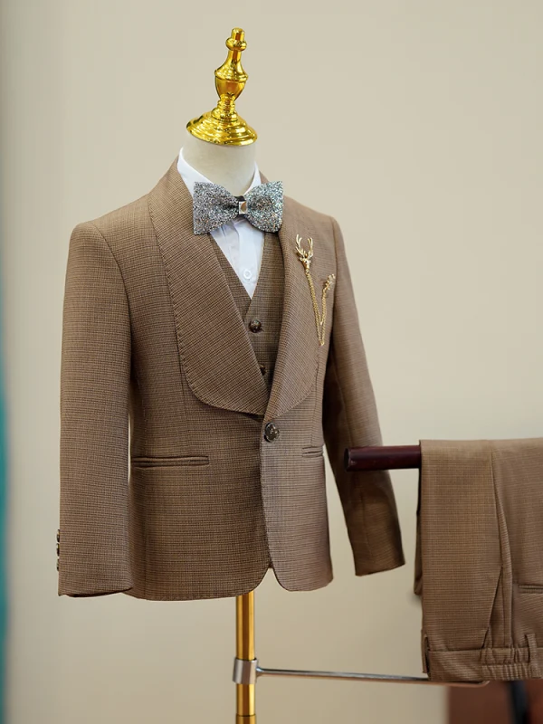 Fashion Brown 6-piece Birthday Bow Boys Wedding Suits 2023 Body Jewellery Coat Pants Shirt Tie Vest