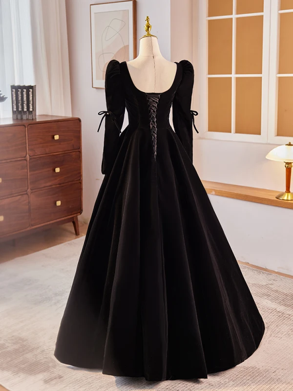 Audrey Hepburn Style Black Velvet Prom Dresses 2024 A-Line / Princess Square Neckline Long Sleeve Backless Floor-Length / Long Prom Formal Dresses