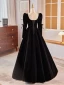 Audrey Hepburn Style Black Velvet Prom Dresses 2024 A-Line / Princess Square Neckline Long Sleeve Backless Floor-Length / Long Prom Formal Dresses