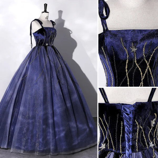 Elegante Marineblau Perlenstickerei Pailletten Star Ballkleider 2022 Ballkleid Spaghettiträger Ärmellos Rückenfreies Lange Festliche Kleider