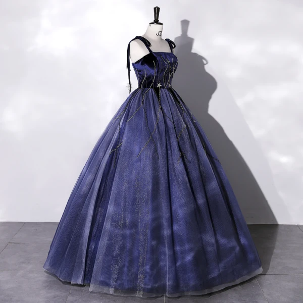 Elegante Marineblau Perlenstickerei Pailletten Star Ballkleider 2022 Ballkleid Spaghettiträger Ärmellos Rückenfreies Lange Festliche Kleider