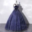 Elegante Marineblau Perlenstickerei Pailletten Star Ballkleider 2022 Ballkleid Spaghettiträger Ärmellos Rückenfreies Lange Festliche Kleider