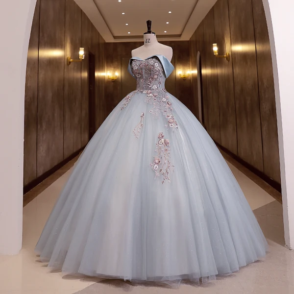 Chic / Beautiful Sky Blue Sequins Lace Flower Prom Dresses 2022 Ball Gown Strapless Sleeveless Backless Floor-Length / Long Formal Dresses